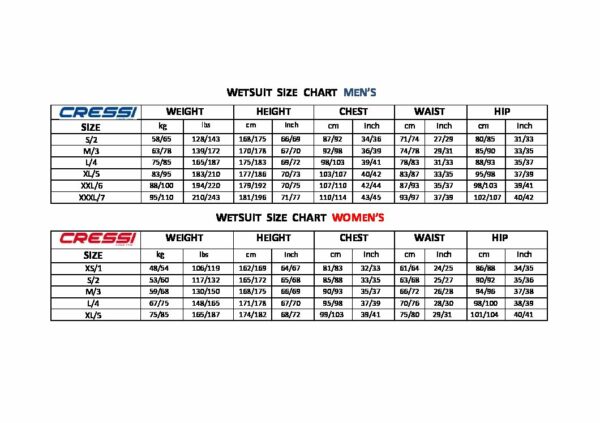 Cressi Wetsuit Size Chart - Spearfishing Gear - Freediving - Scuba Diving - Diversworld Cairns Australia